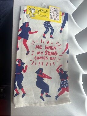 Blue Q White Dish Towel with Navy & Red Dancing Print